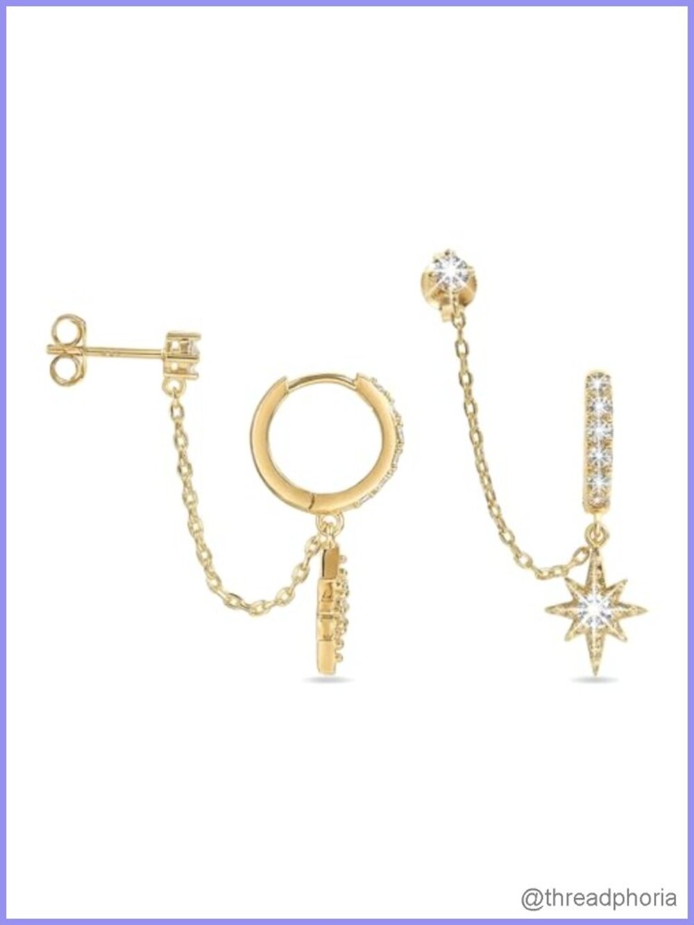 14K Gold Double Piercing Chain Hoop Earrings Cuff Stud Set Stackable